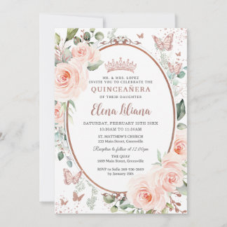 Blush Rose Gold Butterfliegen Quinceañera Einladung