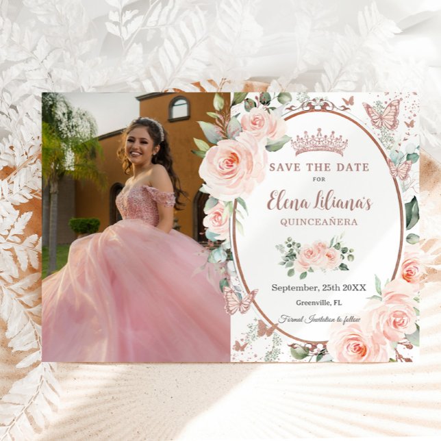 Blush Rose Gold Butterfliegen Quinceañera Save The Date (Von Creator hochgeladen)