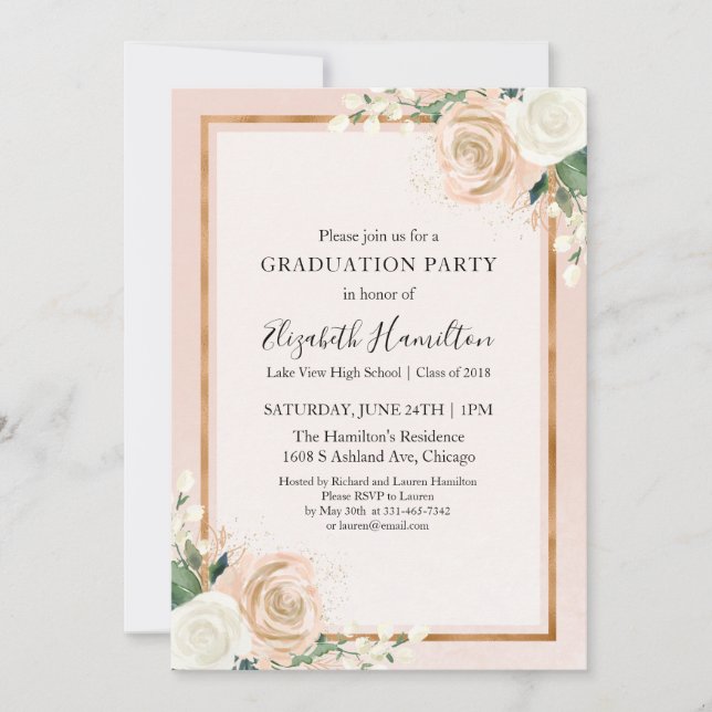 Blush & Rose Gold Chic Blues Graduierungsparty Einladung (Vorderseite)
