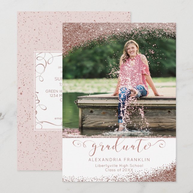 Blush & Rose Gold Elegantes Script Graduate Einladung (Vorne/Hinten)