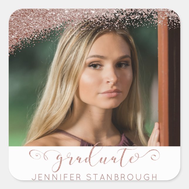 Blush & Rose Gold Elegantes Script Graduate Foto Quadratischer Aufkleber (Vorderseite)