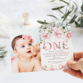 Blush & Rose Gold Floral Baby 1. Geburtstag Einladung