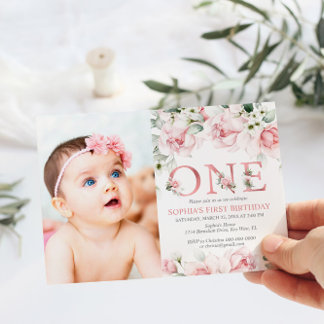 Blush & Rose Gold Floral Baby 1. Geburtstag Einladung