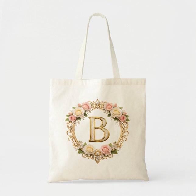 Blush Rose Gold Floral Monogram Letter B Wedding  Tragetasche (Vorne)