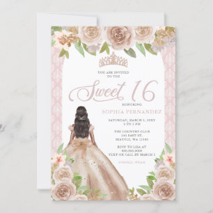 Blush Rose Gold Floral Prinzessin Tiara Sweet 16 Einladung