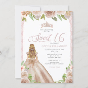 Blush Rose Gold Floral Prinzessin Tiara Sweet 16 Einladung