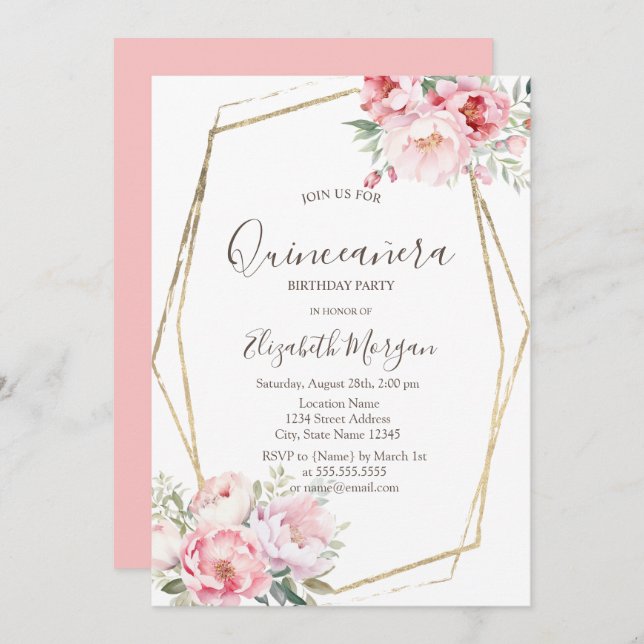 Blush Rose Gold Frame Quinceñera Einladung (Vorne/Hinten)