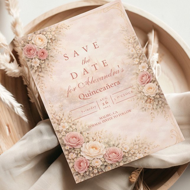 Blush Rose Gold Garden Quinceañera Save The Date (Von Creator hochgeladen)