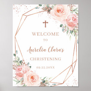 Blush Rose Gold Geometric Christening Sign Poster