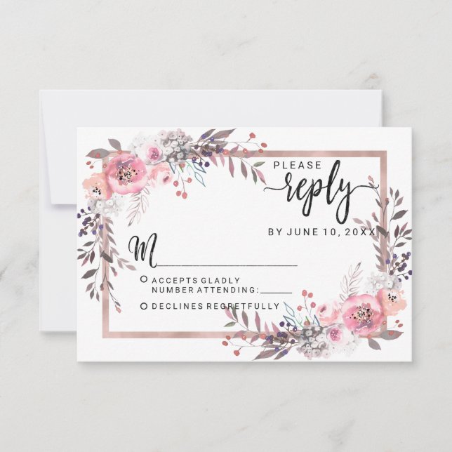Blush & Rose Gold Gerahmte blumengeschmückte Hochz RSVP Karte (Vorderseite)