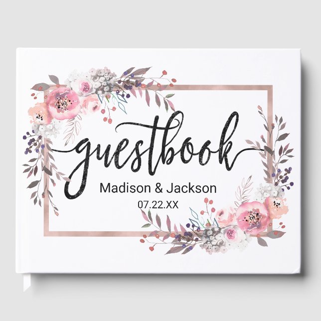 Blush & Rose Gold Gerahmte Blumenzange Gästebuch (Vorderseite)