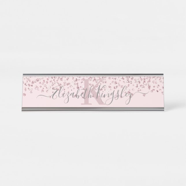 Blush Rose Gold Glitzer Diamond Monogram Schreibtischnamensplakette (Vorderseite )