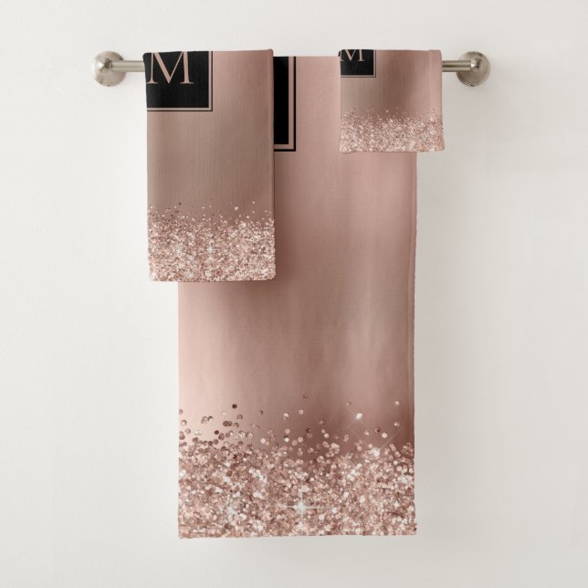 Blush Rose Gold Glitzer Metallic Monogramm Badhandtuch Set (Insitu)
