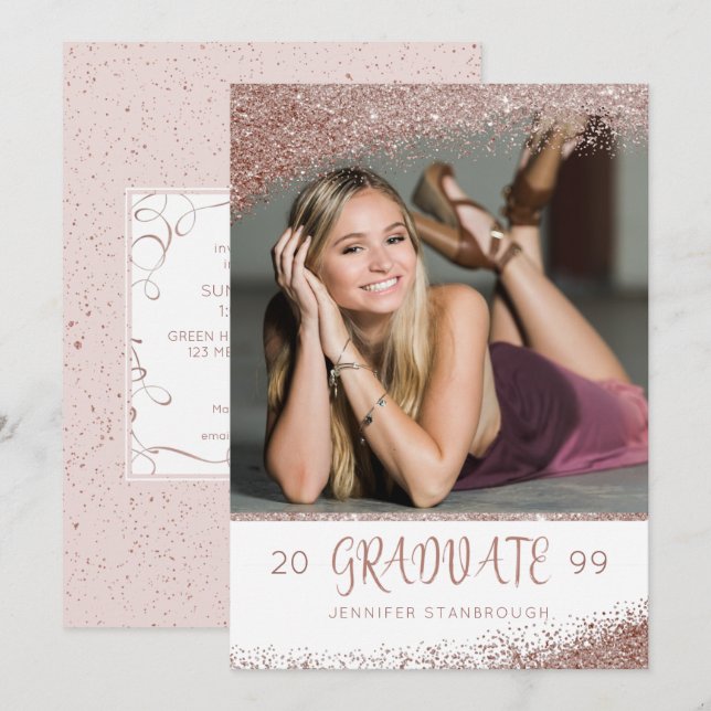 Blush & Rose Gold Glitzer Pinselschrift Einladung (Vorne/Hinten)