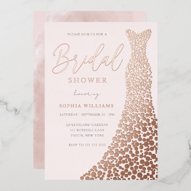 Blush & Rose Gold Gown Bridal Shower Folieneinladung (Vorderseite/Rückseite)