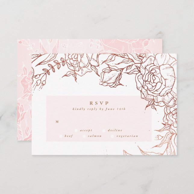 Blush Rose Gold Kupfer Elegante Hochzeit mit Blume RSVP Karte (Vorne/Hinten)