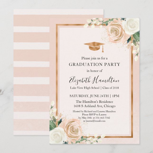 Blush & Rose Gold Moderne Blumenstudium Party Einladung (Vorne/Hinten)