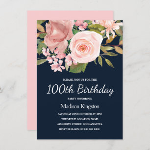 Blush & Rose Gold Navy 100. Geburtstagsparty Einla Einladung