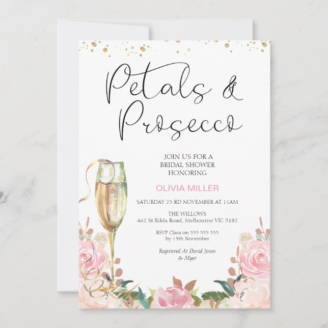 Blush Rose Gold Petals und Prosecco Brautparty Einladung (Vorderseite)