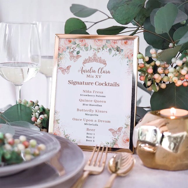 Blush Rose Gold Quinceanera Bar Drink Menü Poster (Von Creator hochgeladen)
