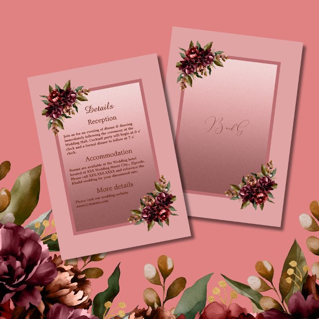 Blush Rose Gold Script - Burgundy floral wedding Begleitkarte (Von Creator hochgeladen)