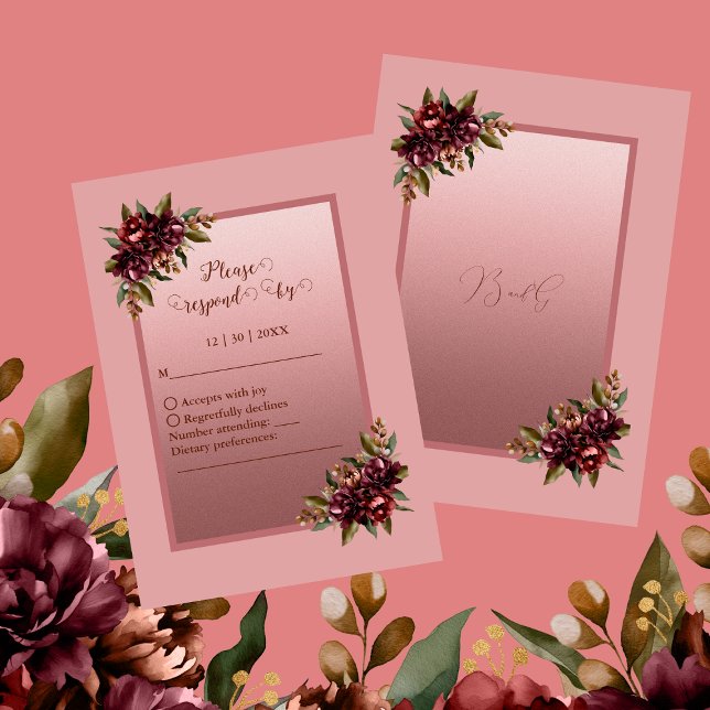 Blush Rose Gold Script - Burgundy floral wedding RSVP Karte (Von Creator hochgeladen)