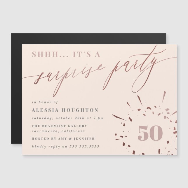 Blush & Rose Gold Script Überraschendes Party Magneteinladung (Vorne/Hinten)
