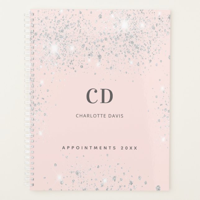 Blush Rose Gold Silberne Glitzer Glitzern Name Planer (Vorderseite)