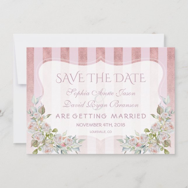 Blush Rose Gold Streifen Weiße Blume Hochzeit Save The Date (Vorderseite)