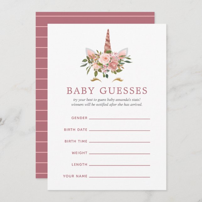 Blush & Rose Gold Unicorn Baby Shower Raten Einladung (Vorne/Hinten)