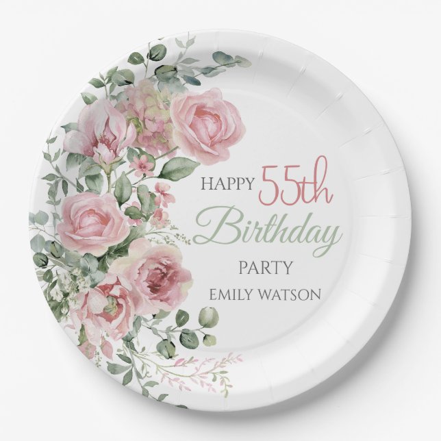 Blush Rose Greenery Eucalypt 55th Birthday Pappteller (Vorderseite)