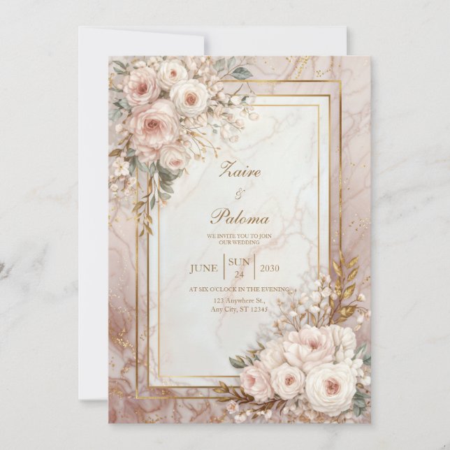 Blush Rose Marble Gilded Frame Wedding Einladung (Vorderseite)