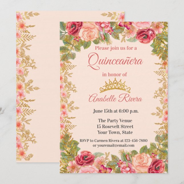 Blush Rose mit Gold-Blätter Quinceñera Einladung (Vorne/Hinten)