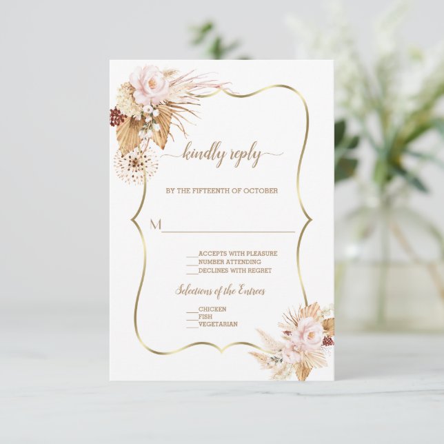 Blush Rose Palm Pampas Grass Hochzeit RSVP Karte (Stehend Vorderseite)