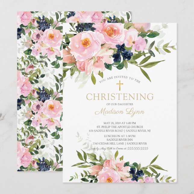 Blush Rose & Peonies Christening Einladung (Vorne/Hinten)