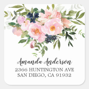 Blush Rose & Peonies Rücksendeadresse Quadratischer Aufkleber