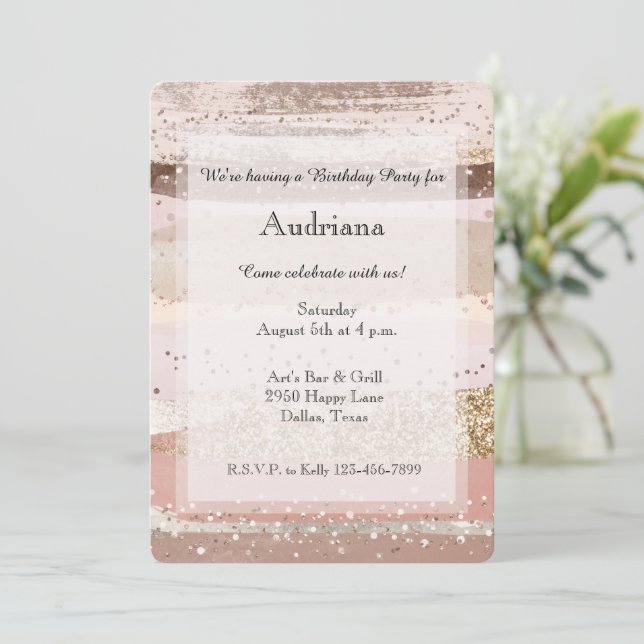 Blush Rose Pink Chocolate Gold Glitter Birthday Einladung (Stehend Vorderseite)
