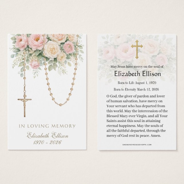 Blush Rose Rosary Draped Memorial Prayer (Vorne & Hinten)
