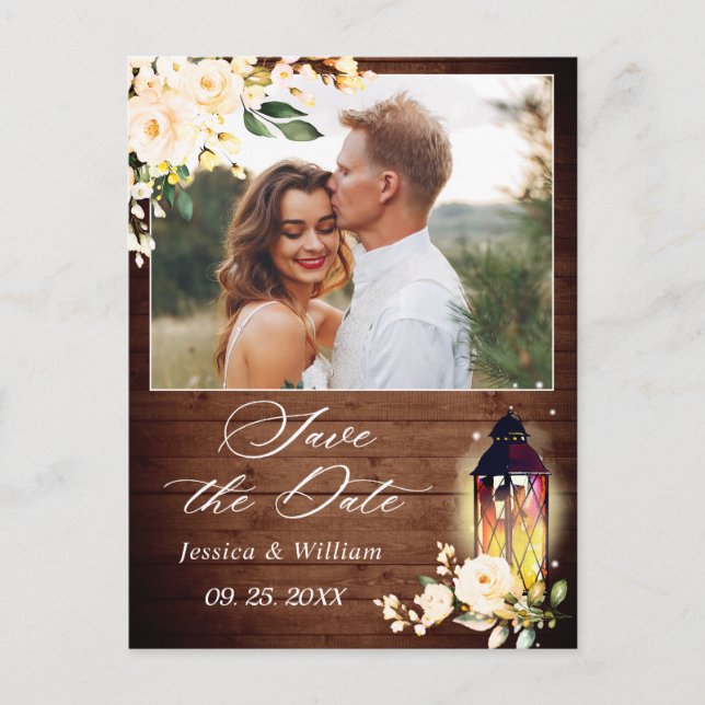 Blush Rose Rustikales Holz FOTO Hochzeit speichern Postkarte (Vorderseite)