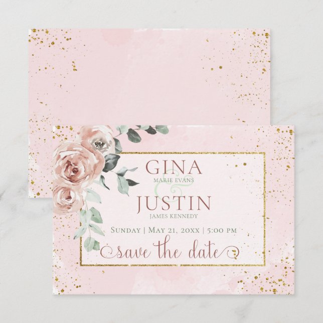 Blush-Rose und Goldakzente Hochzeit Save The Date (Vorne/Hinten)