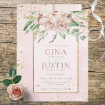Blush-Rose und Goldakzente zum Hochzeitsempfang Einladung<br><div class="desc">Weiche, blaue Aquarellfarben mit einem passenden Blumenstrauß an der Oberseite, alle mit vergoldeten Imitaten bespritzen und von einem vergoldeten Glitzer-Rahmen für Imitate umgeben. Einfach und elegant, frisch und feminin. Der Rücken trägt das blaue Wasserfarben- und Goldmotiv. Diese Karte ist Teil der Hochzeitssuite mit Blush Rose & Gold Accents, die von...</div>