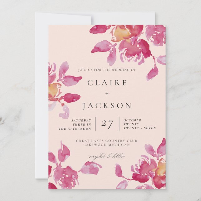 Blush Rose Wasserfarbe Moderne Hochzeit Einladung (Vorderseite)