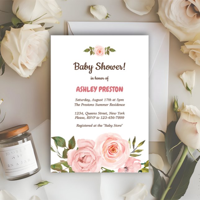 Blush Rose Wasserfarben BläsernBaby Dusche Einladung (Blush Rose Watercolor Floral Baby Shower Invitation)