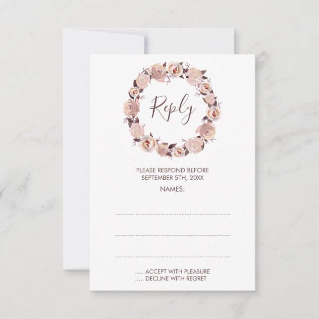 Blush Rose Wreath Wedding Repair Cards RSVP Karte (Vorderseite)