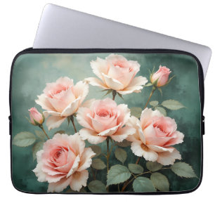 Blush-Rosen-Eleganz auf tiefem Jade Laptopschutzhülle