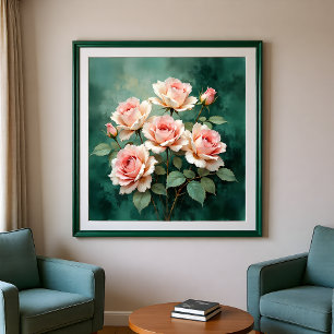 Blush-Rosen-Eleganz auf tiefem Jade Poster