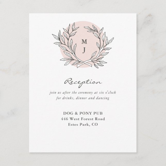 Blush Rustic Monogram Wedding Reception Begleitkarte (Vorderseite)