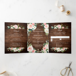 Blush Rustic Wood Floral Geometric Botanic Dreifach-gefaltete Programmkarte