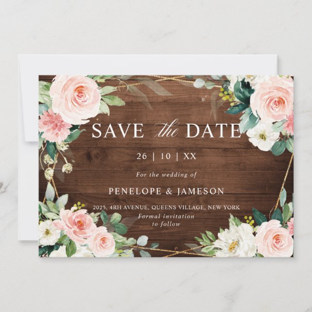 Blush Rustic Wood Floral Geometric Botanic Save The Date (Vorderseite)