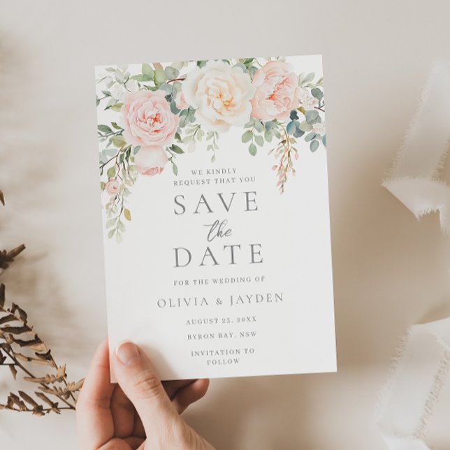 Blush & Sage Bloral Schöne Hochzeit Save The Date (Von Creator hochgeladen)